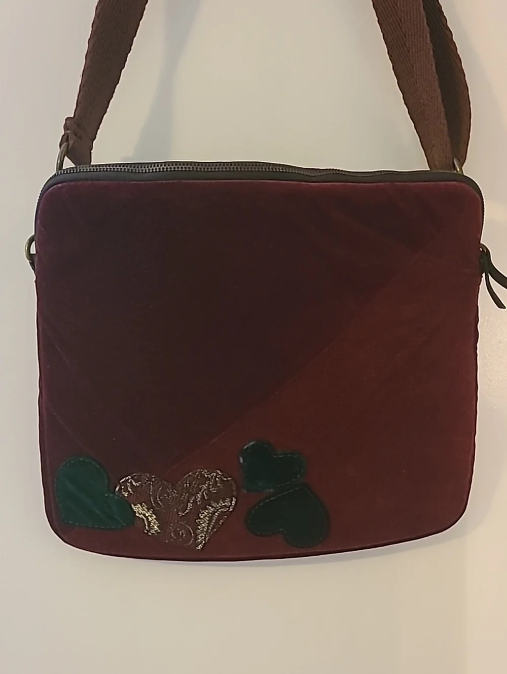 Vtg Y2K Lucky Brand Patchwork Heart Crossbody Boho Velvet Corduroy Laptop Tote
